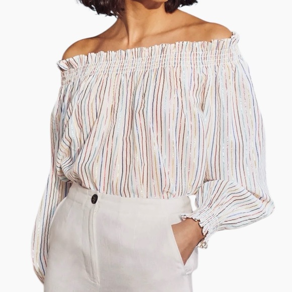 Boden Tops - Boden Metallic Colorful Stripe Off The Shoulder Smocked 3/4 Sleeve Peasant Top S
